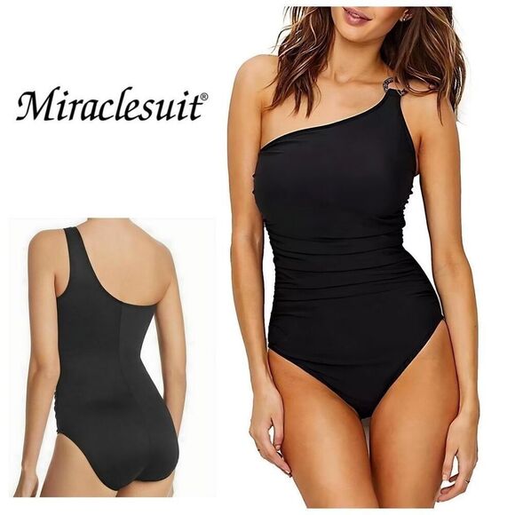 New. Black one shouldered one piece swimsuit. Size 10. Retails $164 - Picture 1 of 8